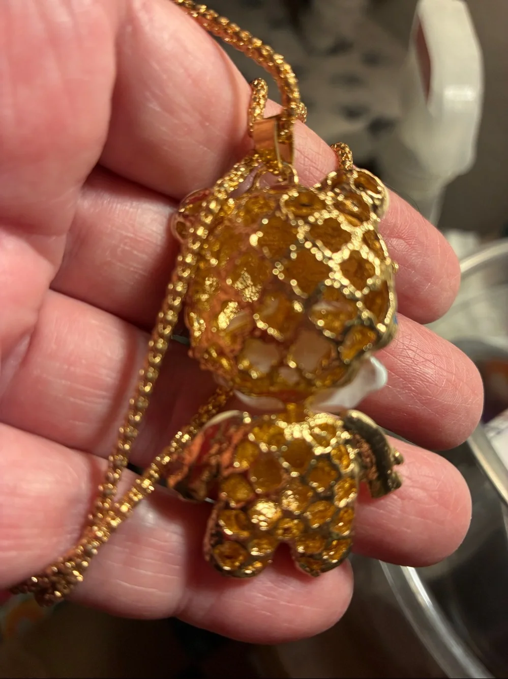 Moveable baby boy Pendant with Blue Hat and Crystal Accents. Head/body turn.